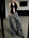 DERMEARNE Vintage Black Rose Print Washed Jeans Women Y2K Streetwear Loose Casual Summer Fashion Street High Waist Straight Wide Leg Jeans