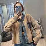 Vintage Denim Patchwork Loose Fashion Crop Knitted Cardigan Top For Women's Autumn New Vintage Denim Stitching Sweater