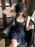 American Style Outfits 2 Piece Skirt Set Korean Single Breasted Denim Halter Tops + Women Fashion Sexy Pleated Skirt Hot Girls