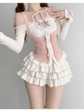 Elegant Women's Set Knitted 3 Piece Tutu Skirts Sets Y2k Crop Tops Blouse + Mini Skirts Lolita Dress Sets New In Matching Set