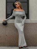 Tossy Fashion Autumn Knit Long Dress Women's Off-Shoulder Patchwork Ribbed High Waist Slim Ladies Dress Knitwear Elegant Dress