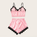 Dermearne Satin Silk Pajamas Set Women Sexy Lace Sleepwear Summer Hot V-neck Sleeveless Pijamas Faux Silk Homewear Pink Striped Nightwear
