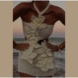 Dermearne 3d Flower Crochet Hook Halter Short Dress Women Sexy Knitted Off Shoulder Backless White Dresses Summer Female Beach Vestidos