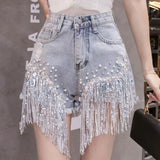 Y2K Tassel Denim Shorts Women High Waisted Ripped Jeans Shorts Chain Diamond Bottoms for Ladies Streetwear Hip Hop