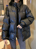 Streetwear Y2K Women Pu Parkas Winter Thick Pu Leather Black Puffy Coats Fashion Warm Cotton Down Female Chic Zipper Jacket