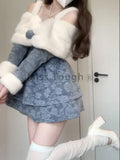 Autumn Winter Sweet Denim Dress Women Print Patchwork Warm Party MiniDress Female Korean Fashion Designer One Piece Dress 2024