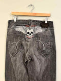 Dermearne Y2k Vintage Embroidered Jeans Distressed Casual Wide Leg Baggy Jeans Women Punk Dark Skull Graphic  High Waisted Pants