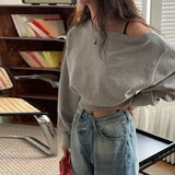 Y2k Off Shoulder Sweatshirts Women 2024 Autumn Korean Streetwear Long Sleeve Loose Sexy Grey Sweatshirts Crop Top