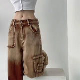 Womens loose High waist brown tooling jeans  winter fashion Y2K straight leg denim trousers retro loose high waist  jeans