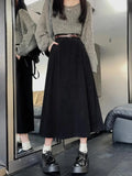 Korean Women's Brown Skirt  Autumn Winter Black High-waisted Corduroy Long Skirt Ladies College Style Pleated A-line Skirts