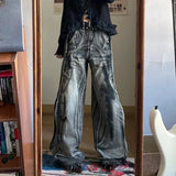 New American Vintage hip-hop washing fashion striped graffiti jeans women's Y2K Harajuku punk Gothic wide pants Streetwear