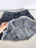 American Retro Kawaii Denim Mini Skirt Women Sexy Gyaru Lace Patchwork High Waist Pleated Jean Skirts for Woman Y2k Shorts Chic