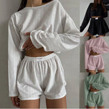 Women's Pajamas Set Spring Long Sleeve Tops With Shorts Sleepwear 2 Piece Set Loose Round Neck Home Wear Loungewear Pyjama Femme