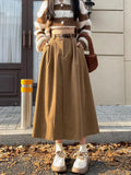 Korean Women's Brown Skirt  Autumn Winter Black High-waisted Corduroy Long Skirt Ladies College Style Pleated A-line Skirts