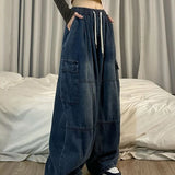 Harajuku Y2K Vintage Blue Cargo Jeans Women Elastic Waist Oversized Baggy Denim Pants Fall Drawstring Cotton Streetwear Trousers