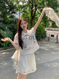 Summer Japanese Kawaii 2 Piece Set Women Embroidery Vintage Sweet Mini Skirt Suit Female Short Sleeves Top+High Waisted Skirt