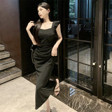 Black Square Collar Dress Women 2024 Summer Sexy Slim Elegant Fashion Pleated High Waist A-line Long Dresses Ladies Clothing