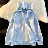 Sweet Street Star-shape Embroidery Kawaii Hoodies Coats Women Autumn Winter Women's Sweatshirt Cardigan Korean Fashion Zip Hoody