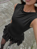 Ruffles Splice Sexy Vest Mini Dress For Women Sleeveless Slim Fit Fashion Solid Color Hot Girl Club Party Dress Female