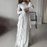 Autumn new round neck flared sleeve ultra long dress women fashion white high waist patchwork dress women casual party dinner dr