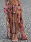 Dermearne Beach Boho Floral Print Chiffon Ruffled Skirt Women Asymmetrical Dipped Hem Pink Romantic Elegant Sexy Vacation Skirts
