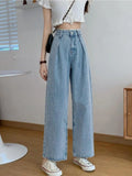 Summer Blue Lace Sweet Jeans Women Slim High Waist Casual College Style Jeans Button Korean Fashion Elegant Trousers 2023 New