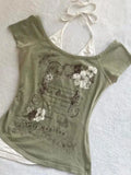 Dermearne Summer Fake Two Pieces Halter Bandage Vintage T-shirts Y2k Aesthetic Slim Crop Tops Women Grunge Print Harajuku Casual Sexy Tee