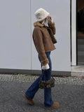 Women Faux Fur Jacket Coat Lapel Fall Winter New Long Sleeves Single-breasted Patch Pocket Faux Leather Blouse Female Warm Coat