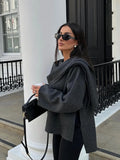 Dermearne Women Fashion Scarf Decorated Woolen Jacket Casual Solid Long Sleeve Loose Warm Overcoat 2024 Autumn Winter New Lady Chic Coat