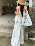 Korean Fashion Solid Sling 2 Piece Set Women Elegant Casual Loose Thin Sleeveless Tops Female + High Waist  Wide Leg Pants 2024