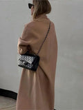 Vintage Turn-down Collar Long Coats With Belts Women Casual Double-Breasted Shoulder Pads Maxi Coat Autumn Elegant Chic Outwear