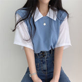 Yasuk Spring Summer Casual Polo T-Shirt Female Pullover Women's Loose Tees Top Fake Two Piece Suit Student Preppy Style