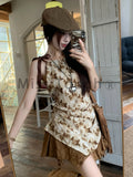 Summer Vintage Chic Sweet Mini Skirt Suit Women Y2k Print Casual Elegant 2 Piece Set Female Korean Fashion Lace Up Bow Slim Set