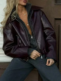 Dermearne Fashion Solid Lapel Leather Jacket Women Vintage Loose Long Sleeve Zipper Pu Coat 2024 New Chic Female High Street Outerwear