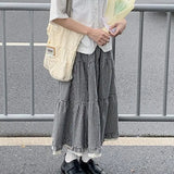 Dermearne Japanese Style Plaid Long Skirt Women Kawaii Sweet Ruffle Midi Skirt Fashion Preppy Style A-line Cutecore Casual Skirts