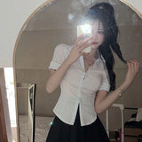 White Shirts for Women Korean Style Slim Fit Short Sleeve Cropped Blouse Ladies Preppy Style Student Turndown Collar Shirt