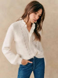 DERMEARNE Women Knitted Sweater Ladies Single-Breasted Petal Trim Hollow Out Cardigan Female Soft Knitwear Top Autumn Winter