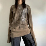 Retro Goth Pattern Long-sleeved T-shirt High Street Dark Punk Y2k 90s Harajuku O-Neck Loose Tops women Clothes vintage summer