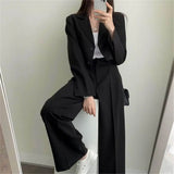 DERMEARNE Women Cropped Blazers Pants Two-piece Set Korean Fashion Button Up Suit Jacket Wide Leg Pants Set Casual Lady Blazer Coat Set