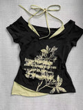 Dermearne Retro Fake Two-piece Halterneck Printed T-shirt Women Y2K Streetwear Hot Girl Slim Off Shoulder Millennium Harajuku Casual Top