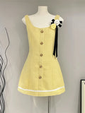 Yellow French Small Fragrant Tweed Party Dress For Women High Quality Korean Sweet Fashion 3D Flower Slim Summer Dresses