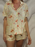 Dermearne Women’s 2 Piece Y2K Pajamas Set Short Sleeve Fruit Floral Print Button Down Shirt Shorts Set Sleepwear Loungewear