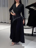 Krismile Spring Flared Sleeve Elegant Pleated Black Dress Fashion Rhinestone Evening Banquet Long Dresses For Women