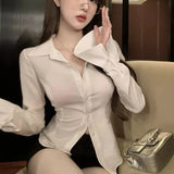 Dermearne Women Sexy Slim White Chiffon Shirt Korean Turn-down Collar Flare Sleeve Tunic Bandage Blouse Single-breasted Office Lady Tops