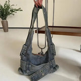 Trendy Women Vintage Denim Punk Shoulder Bag Y2k Streetwear Grunge Tote Handbag Cool Girls Retro Gothic Casual Underarm Bags