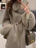 High End Double Sided Cashmere Coat Women's Fox Collar Cloak Shawl Woolen Fashion Warm Coats 2024 Winter New 2DA8104