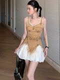 Dermearne Summer Elegant Slim Ruffle 2 Piece Set Women Vintage Y2k Natural Off Shoulder Tops Female High Street Sexy Patchwork Clothing
