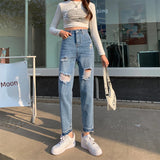 Trendy High-waist Ripped Jeans For Women Slimming Loose-fit Versatile Denim Pants
