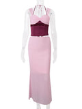 DERMEARNE JULISSA MO Patchwork Sexy Spaghetti Strap Two Piece Sets Women Skirt Suit Backless Top Long Skirt Spring Slim Elegant Streetwear