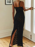 New Sexy Women Lace Floral Long Dress Mesh See Through Club Evening Party Dress Sleeveless Strap Back Split Black Beach Vestidos